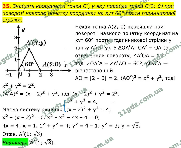 35. Знайдіть координати точки C’, у яку перейде точка С(2; 0) при повороті навколо початку координат на кут 60° проти годинникової — ГДЗ Геометрія 9 клас Істер 2026