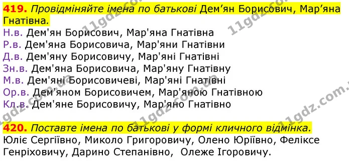 419. Провідміняйте імена по батькові Дем’ян Борисович, Мар’яна Гнатівна. — ГДЗ Українська мова 10 клас Глазова