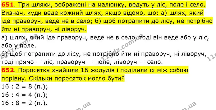 651. Три шляхи, зображені на малюнку, ведуть у ліс, поле і село. Визнач, куди веде кожний шлях, якщо відомо, що: а) шлях, який іде — ГДЗ Математика 3 клас Козак 1-2 ч.