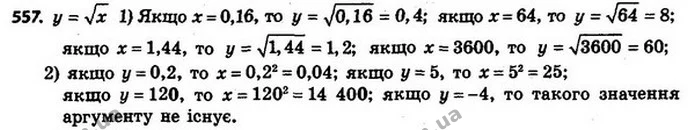 557. Функцію задано формулою y = x. 1) Чому дорівнює значення функції, якщо значення аргументу дорівнює: 0,16; 64; 1,44; 3600? 2) При — ГДЗ Алгебра 8 клас Мерзляк, Полонський 2021