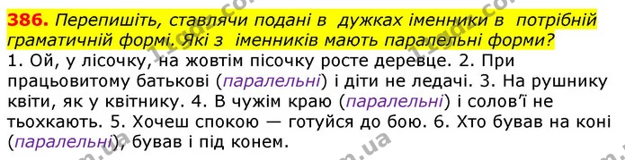 386. Перепишіть, ставлячи подані в дужках іменники в потрібній граматичній формі. Які з іменників мають паралельні форми? — ГДЗ Українська мова 10 клас Глазова