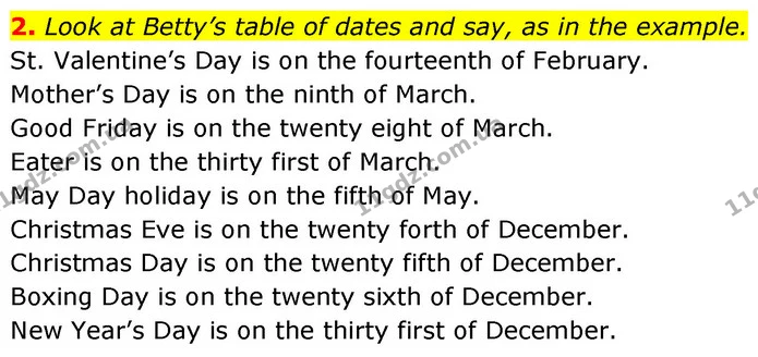 2. Look at Betty’s table of dates and say, as in the example. — ГДЗ Англійська мова 7 клас Карпюк