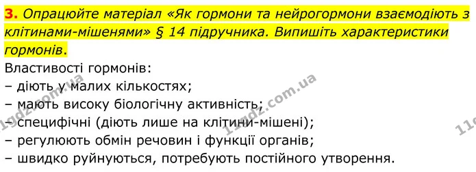 3. Опрацюйте матеріал «Як гормони та нейрогормони взаємодіють з клітинами–мішенями» § 14 підручника. Випишіть характеристики гормонів. — ГДЗ Робочий зошит Біологія 8 клас Кулініч