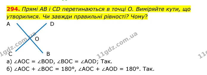 294. Прямі AB і CD перетинаються в точці О. Виміряйте кути, що утворилися. Чи завжди правильні рівності? Чому? — ГДЗ Математика 5 клас Бевз