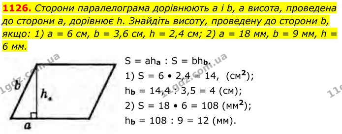 1126. Сторони паралелограма дорівнюють a і b, а висота, проведена до сторони a, дорівнює h. Знайдіть висоту, проведену до сторони b — ГДЗ Геометрія 8 клас Бурда