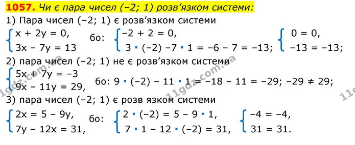 1057. Чи є пара чисел (–2; 1) розв’язком системи: — ГДЗ Алгебра 7 клас Істер 2020