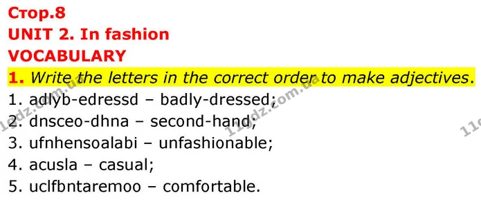 1. Write the letters in the correct order to make adjectives. — ГДЗ робочий зошит Англійська мова 8 клас Гарет Джонс 2025