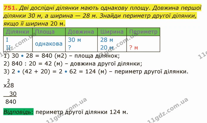 751. Дві дослідні ділянки мають однакову площу. Довжина першої ділянки 30 м, а ширина — 28 м. Знайди периметр другої ділянки, якщо її — ГДЗ Математика 4 клас Лишенко 1-2 ч.
