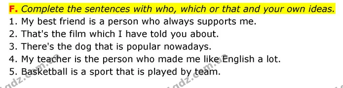 F. Complete the sentences with who, which or that and your own ideas. — ГДЗ Робочий зошит Англійська мова 6 клас Мітчелл