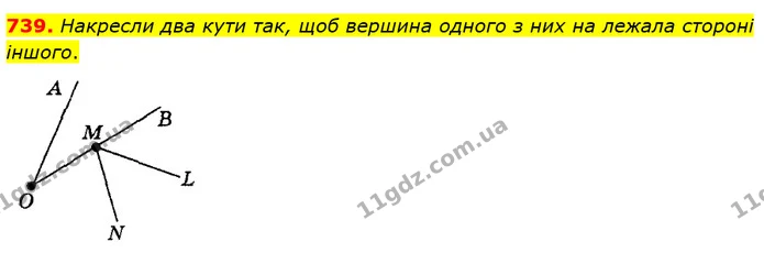 739. Накресли два кути так, щоб вершина одного з них на лежала стороні іншого. — ГДЗ Математика 5 клас Істер 2022