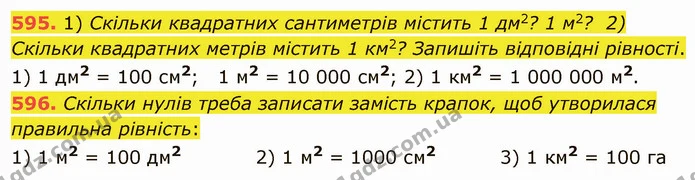 595. 1) Скільки квадратних сантиметрів містить 1 дм2? 1 м2? 2) Скільки квадратних метрів містить 1 км2? Запишіть відповідні рівності. — ГДЗ Математика 5 клас Мерзляк