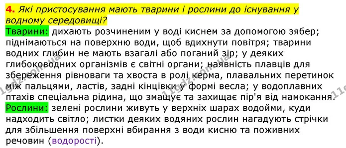 4. Які пристосування мають тварини і рослини до існування у водному середовищі? — ГДЗ Природознавство 5 клас Коршевнюк