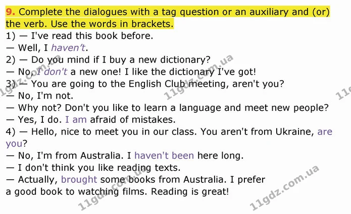 9. Complete the dialogues with a tag question or an auxiliary and (or) the verb. Use the words in brackets. — ГДЗ Робочий зошит англійська мова 10 клас Ходаковська
