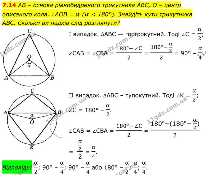 7.14 AB – основа рівнобедреного трикутника ABC, O – центр описаного кола. ∠AOB = α (α < 180°). Знайдіть кути трикутника ABC. Скільки ви — ГДЗ Геометрія 8 клас Істер