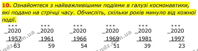 10. Ознайомтеся з найважливішими подіями в галузі космонавтики, які подано на стрічці часу. Обчисліть, скільки років минуло від кожної — ГДЗ Математика 4 клас Логачевська 1 та 2 частини