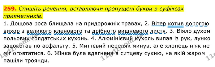 259. Спишіть речення, вставляючи пропущені букви в суфіксах — ГДЗ Українська мова 6 клас Ворон, Солопенко
