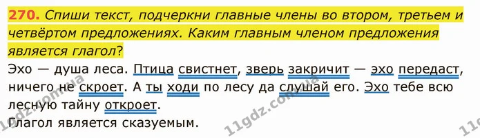 270. Спиши текст, подчеркни главные члены во втором, третьем и четвёртом предложениях. Каким главным членом предложения является — ГДЗ Русский язык и чтение 3 класс Лапшина