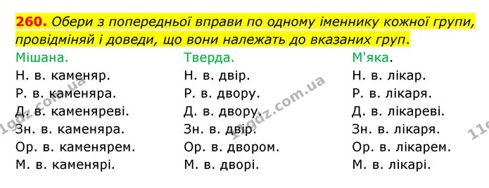 260. Обери з попередньої вправи по одному іменнику кожної групи, провідміняй і доведи, що вони належать до вказаних груп. — ГДЗ Українська мова 6 клас Онатій