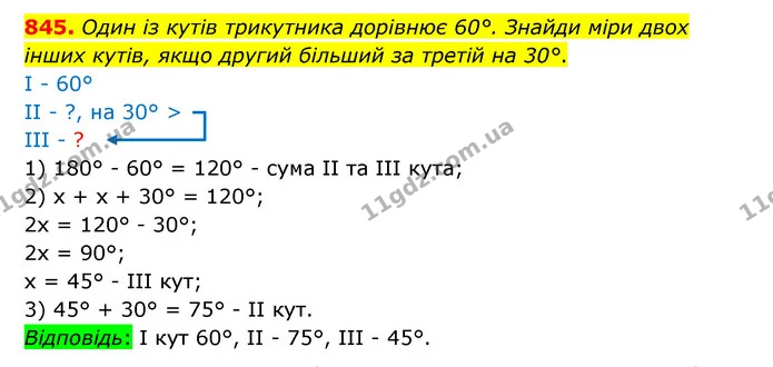 845. Один із кутів трикутника дорівнює 60°. Знайди міри двох інших кутів, якщо другий більший за третій на 30°. — ГДЗ Математика 5 клас Бевз