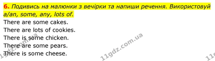 6. Подивись на малюнки з вечірки та напиши речення. Використовуй a/an, some, any, lots of. — ГДЗ Англійська мова 5 клас Коста Джоанна