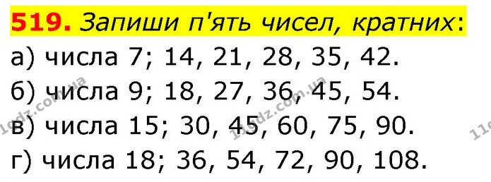519. Запиши п'ять чисел, кратних: — ГДЗ Математика 6 клас Бевз 1-2 ч.