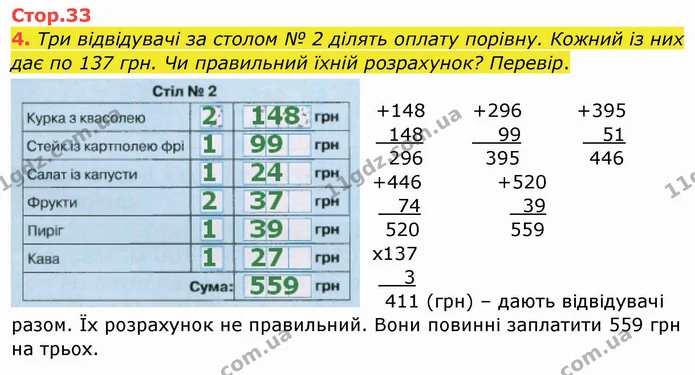 4. Три відвідувачі за столом № 2 ділять оплату порівну. Кожний із них дає по 137 грн. Чи правильний їхній розрахунок? Перевір. — ГДЗ Робочий зошит Математика 4 клас Листопад