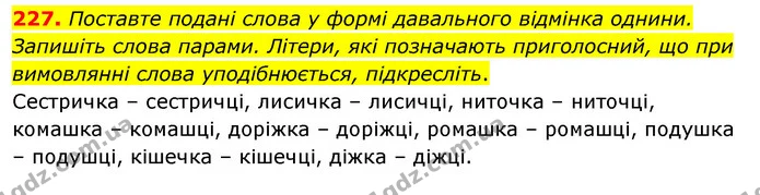227. Поставте подані слова у формі давального відмінка однини. Запишіть слова парами. Літери, які позначають приголосний, що при — ГДЗ Українська мова 5 клас Глазова 2022