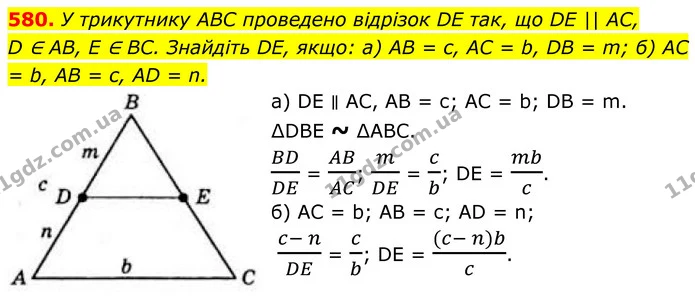 580. У трикутнику ABC проведено відрізок DE так, що DE || AC, — ГДЗ Геометрія 8 клас Бевз