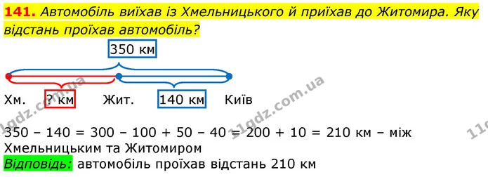 141. Автомобіль виїхав із Хмельницького й приїхав до Житомира. Яку відстань проїхав автомобіль? — ГДЗ Математика 3 клас Листопад 1-2 ч.