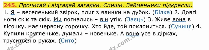 245. Прочитай і відгадай загадки. Спиши. Займенники підкресли. — ГДЗ Українська мова та читання 4 клас Кравцова