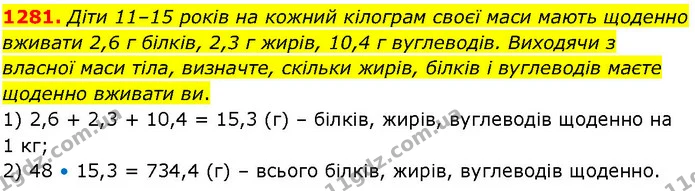 1281. Діти 11–15 років на кожний кілограм своєї маси мають щоденно вживати 2,6 г білків, 2,3 г жирів, 10,4 г вуглеводів. Виходячи з — ГДЗ Алгебра 7 клас Істер 2024
