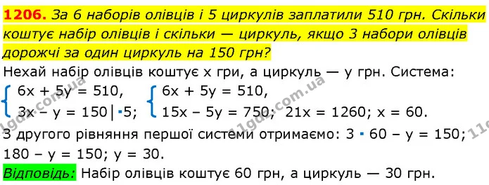 1206. За 6 наборів олівців і 5 циркулів заплатили 510 грн. Скільки коштує набір олівців і скільки — циркуль, якщо 3 набори олівців — Алгебра 7 клас Мерзляк 2024