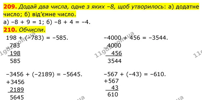 209. Додай два числа, одне з яких –8, щоб утворилось: а) додатне число; б) від’ємне число. — ГДЗ Математика 6 клас Бевз 1-2 ч.
