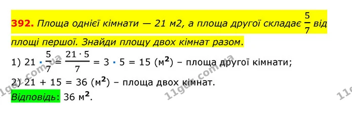 392. Площа однієї кімнати — 21 м2, а площа другої складає 57 від площі першої. Знайди площу двох кімнат разом. — ГДЗ Математика 6 клас Істер 2023 1-2 ч.