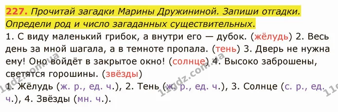 227. Прочитай загадки Марины Дружининой. Запиши отгадки. Определи род и число загаданных существительных. — ГДЗ Русский язык и чтение 3 класс Лапшина