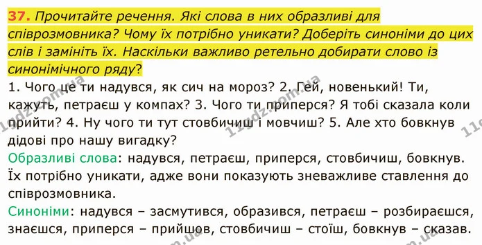 37. Прочитайте речення. Які слова в них образливі для співрозмовника? Чому їх потрібно уникати? Доберіть синоніми до цих слів і — ГДЗ Українська мова 5 клас Голуб