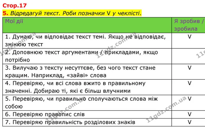 5. Відредагуй текст. Роби позначки V у чеклісті. — ГДЗ Робочий зошит Українська мова 4 клас Большакова