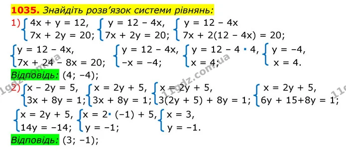 1035. Знайдіть розв’язок системи рівнянь: — ГДЗ Алгебра 7 клас Мерзляк, Полонський 2015