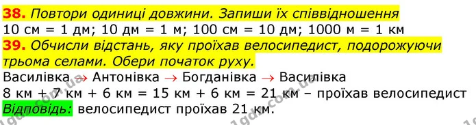 38. Обчисли відстань, яку проїхав велосипедист, подорожуючи трьома селами. Обери початок руху. — ГДЗ Математика 3 клас Заїка 1-2 ч.