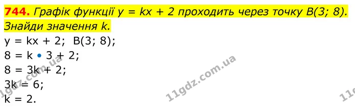 744. Графік функції у = kx + 2 проходить через точку В(3; 8). — ГДЗ Алгебра 7 клас Бевз