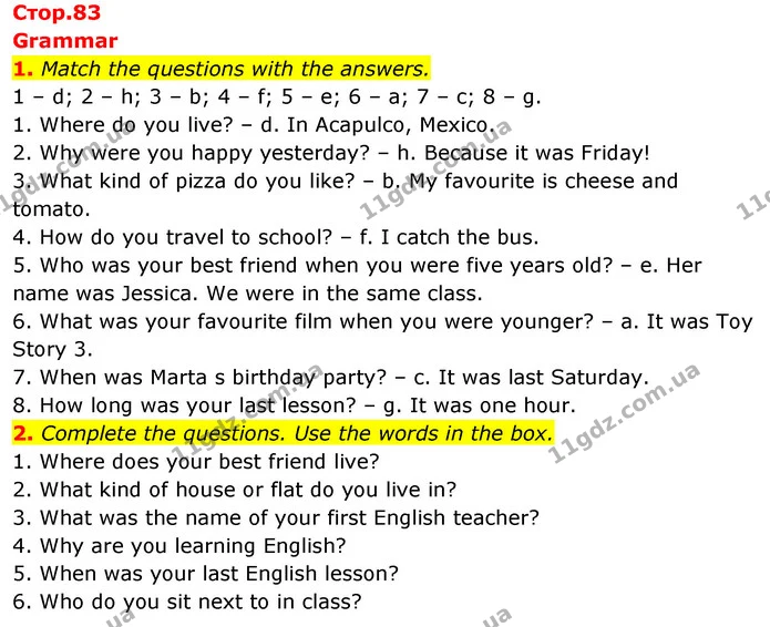 1. Match the questions with the answers. — ГДЗ Робочий зошит Англійська мова 5 клас Коста (prepare 5)