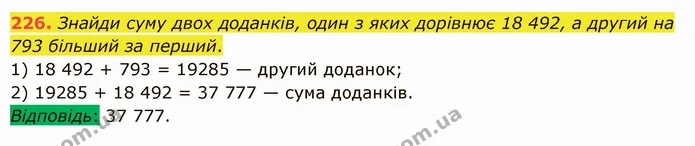 226. Знайди суму двох доданків, один з яких дорівнює 18 492, а другий на 793 більший за перший. — ГДЗ Математика 5 клас Істер 2022