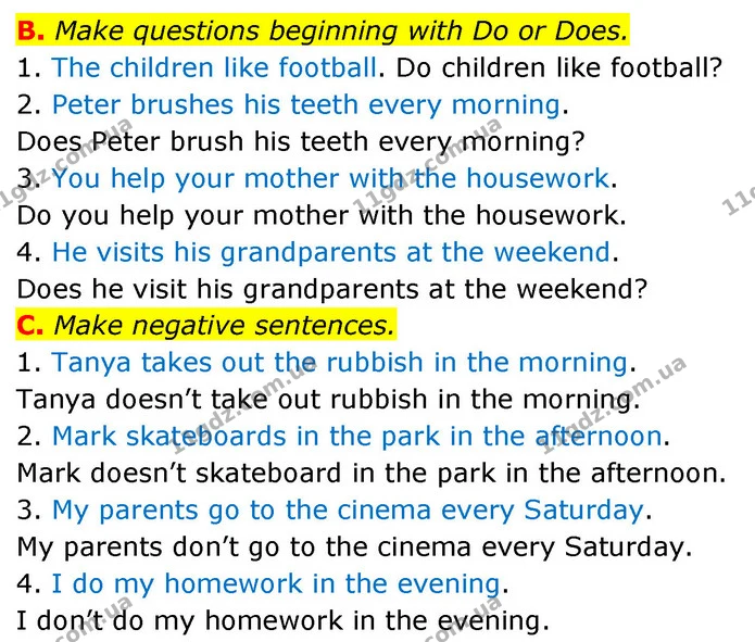 B. Make questions beginning with Do or Does. — ГДЗ Збірник тестів Англійська мова 5 клас Мітчелл (Test Booklet)