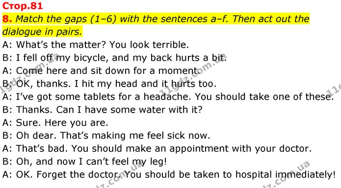 8. Match the gaps (1–6) with the sentences a–f. Then act out the dialogue in pairs. — ГДЗ Робочий зошит Англійська мова 7 клас Карпюк