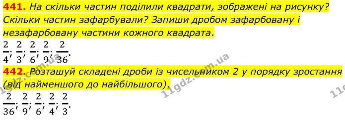 441. На скільки частин поділили квадрати, зображені на рисунку? Скільки частин зафарбували? Запиши дробом зафарбовану і незафарбовану — ГДЗ Математика 4 клас Бевз 1 та 2 частини