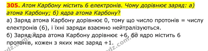 305. Атом Карбону містить 6 електронів. Чому дорівнює заряд: а) атома Карбону; б) ядра атома Карбону? — ГДЗ Хімія 8 клас Григорович
