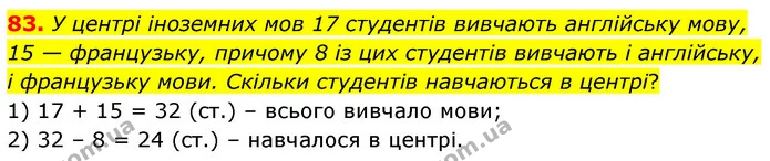 83. У центрі іноземних мов 17 студентів вивчають англійську мову, 15 — французьку, причому 8 із цих студентів вивчають і англійську, і — ГДЗ Математика 5 клас Скворцова 2022