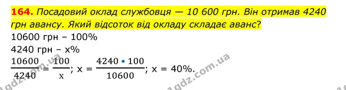 164. Посадовий оклад службовця — 10 600 грн. Він отримав 4240 грн авансу. Який відсоток від окладу складає аванс? — ГДЗ Математика 6 клас Бевз 1-2 ч.