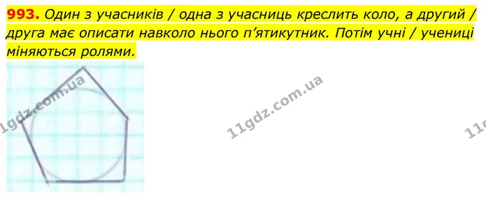 993. Один з учасників / одна з учасниць креслить коло, а другий / друга має описати навколо нього п’ятикутник. Потім учні / учениці — ГДЗ Геометрія 8 клас Бевз