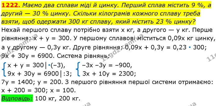 1222. Маємо два сплави міді й цинку. Перший сплав містить 9 %, а другий — 30 % цинку. Скільки кілограмів кожного сплаву треба взяти — Алгебра 7 клас Мерзляк 2024